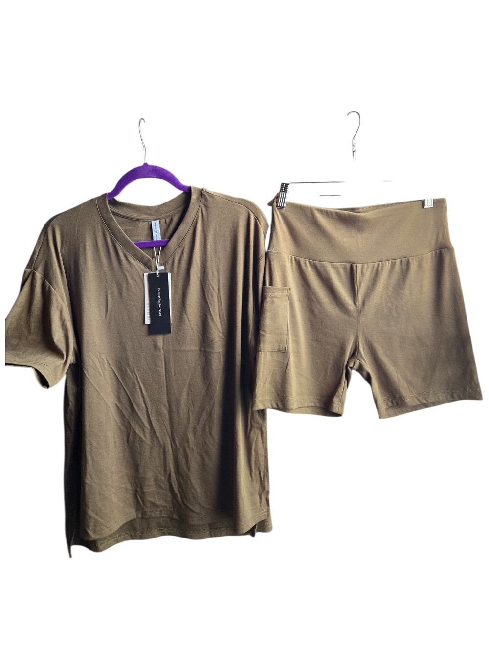 PrettyGarden Olive 2-piece V-Neck Tee & Shorts Size S